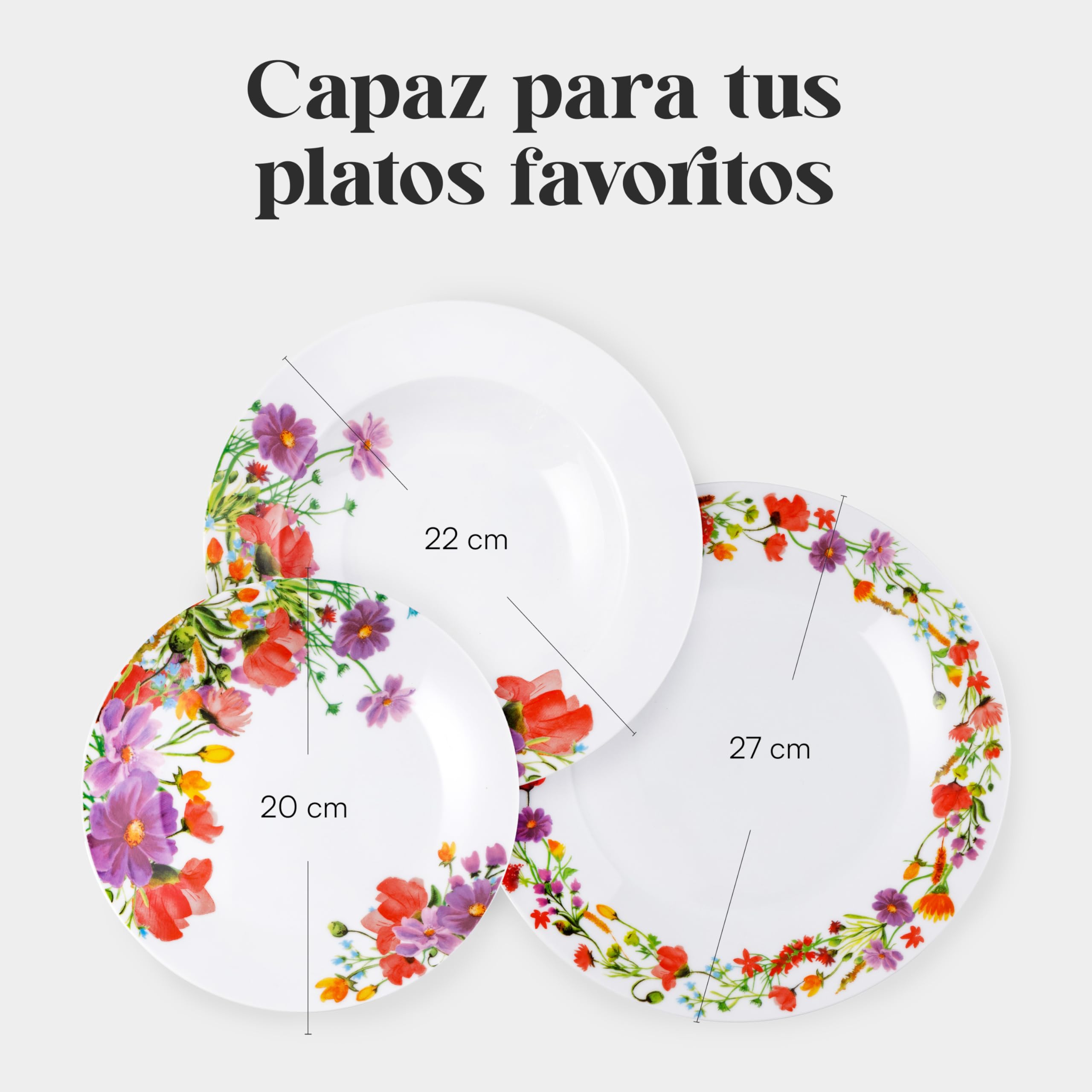 Baroni Home Vajilla de Porcelana y Gres de 18 Piezas, Vajilla de Color para 6 Personas, Plato Hondo, Plato Llano, Fruta o Postre, Amapolas