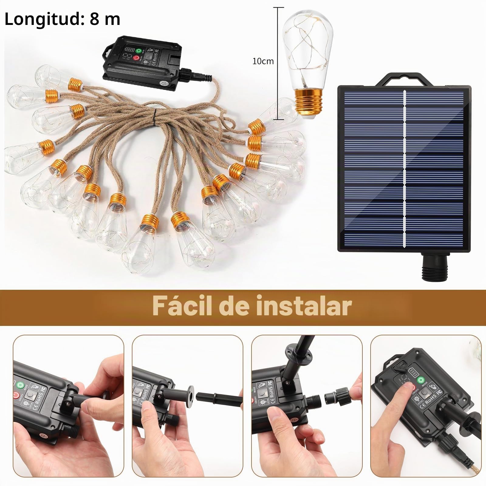 2PC Guirnalda Solar Exterior, 32 Bombillas,IP65 8 Modos Guirnalda | Mando y Regulable: 4 Niveles de Brillo y Temporizador 4/6/8h – Encendido Automatico al Anochecer, Apagado al Amanecer
