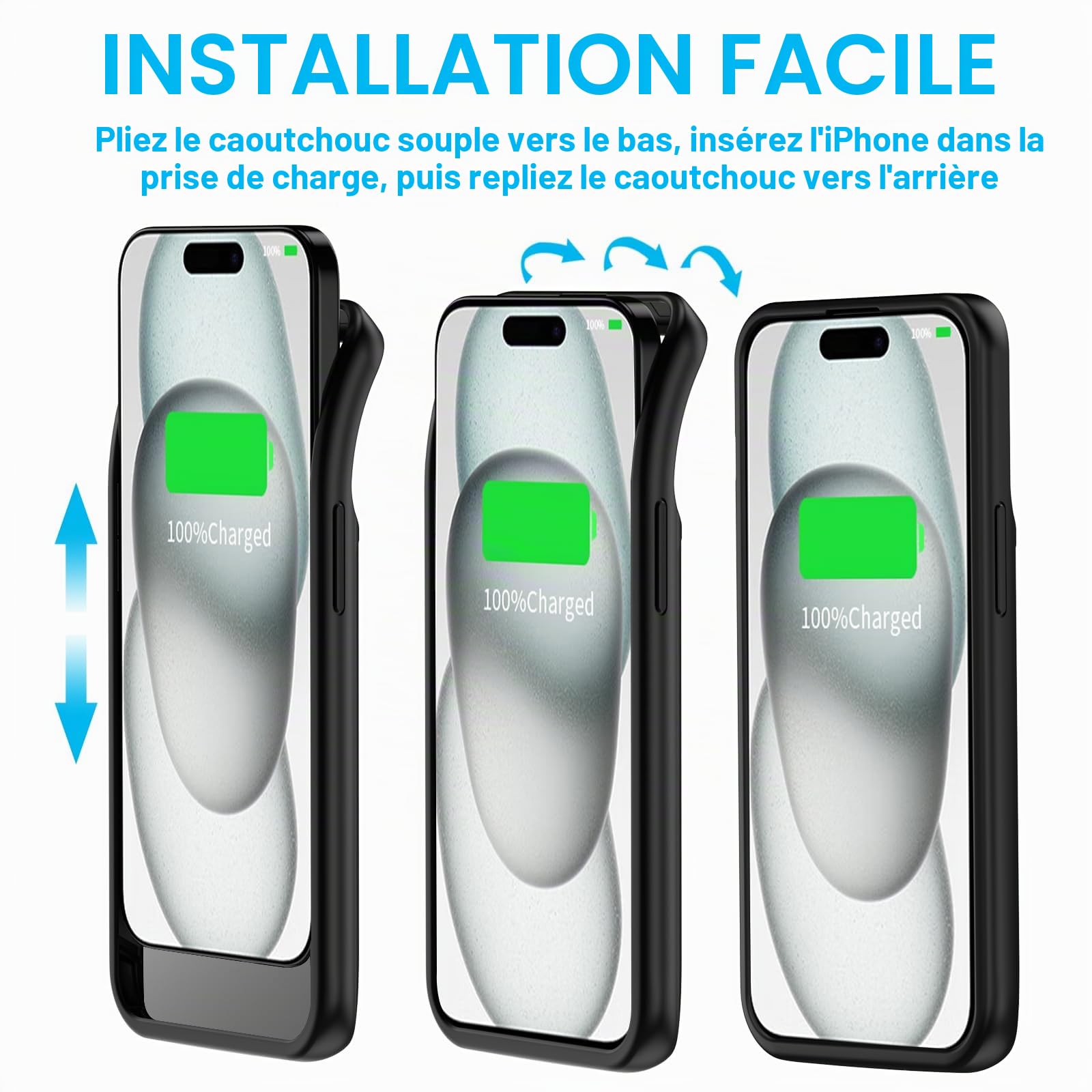 Coque de batterie pour iPhone 15, 7000 mAh, ultra fine, portable, coque de charge intelligente, compatible avec iPhone 15 (6,1"), chargeur de batterie étendu, noir