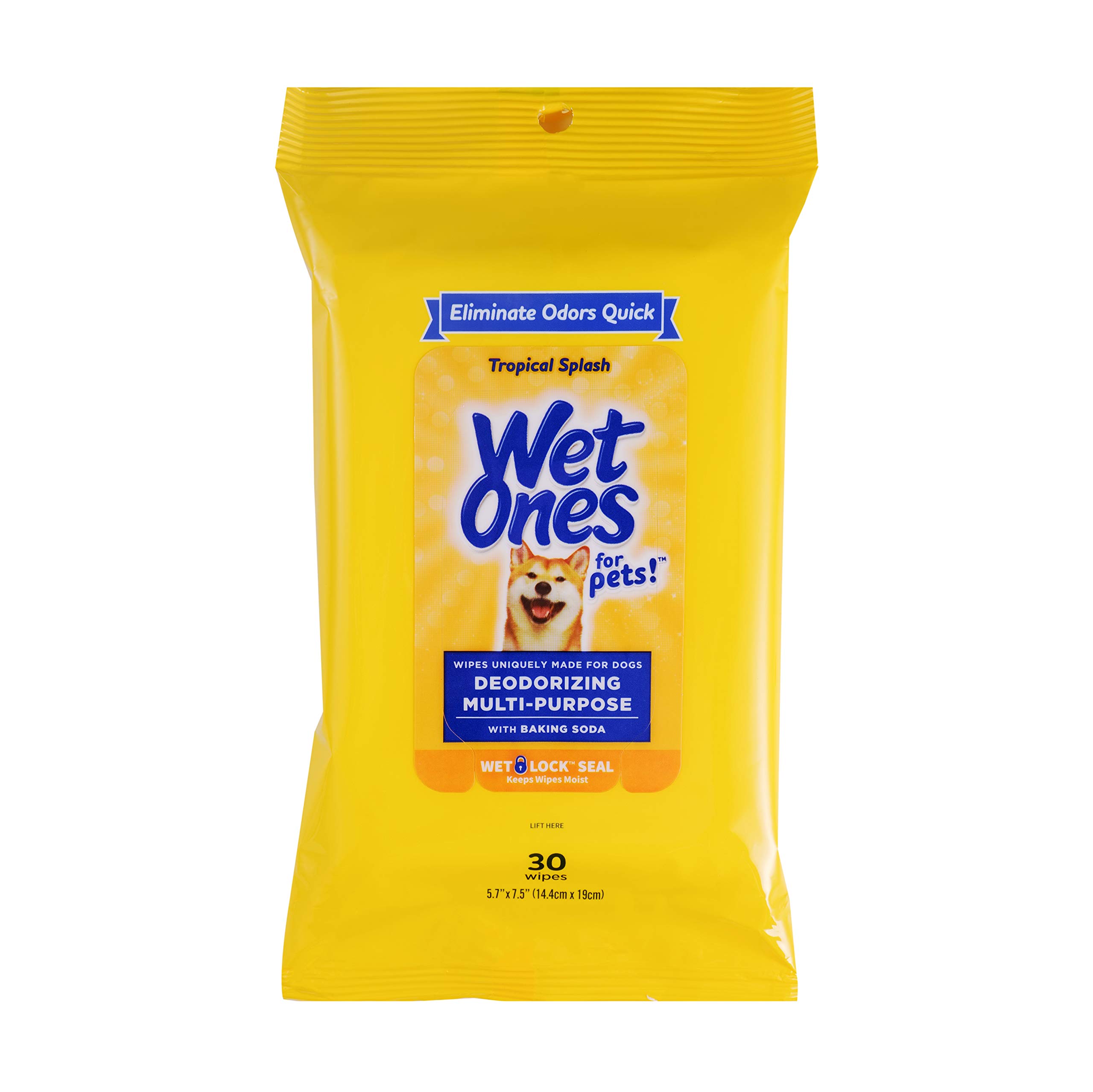 Wet Ones for Pets Deodorizing Multi-Purpose Dog Wipes with Baking Soda Dog Deodorizing Wipes for All Dogs in Tropical Splash Scent, Wipes with Wet Lock Seal Pouch Dog Wipes(Pack of 1,30 Count)