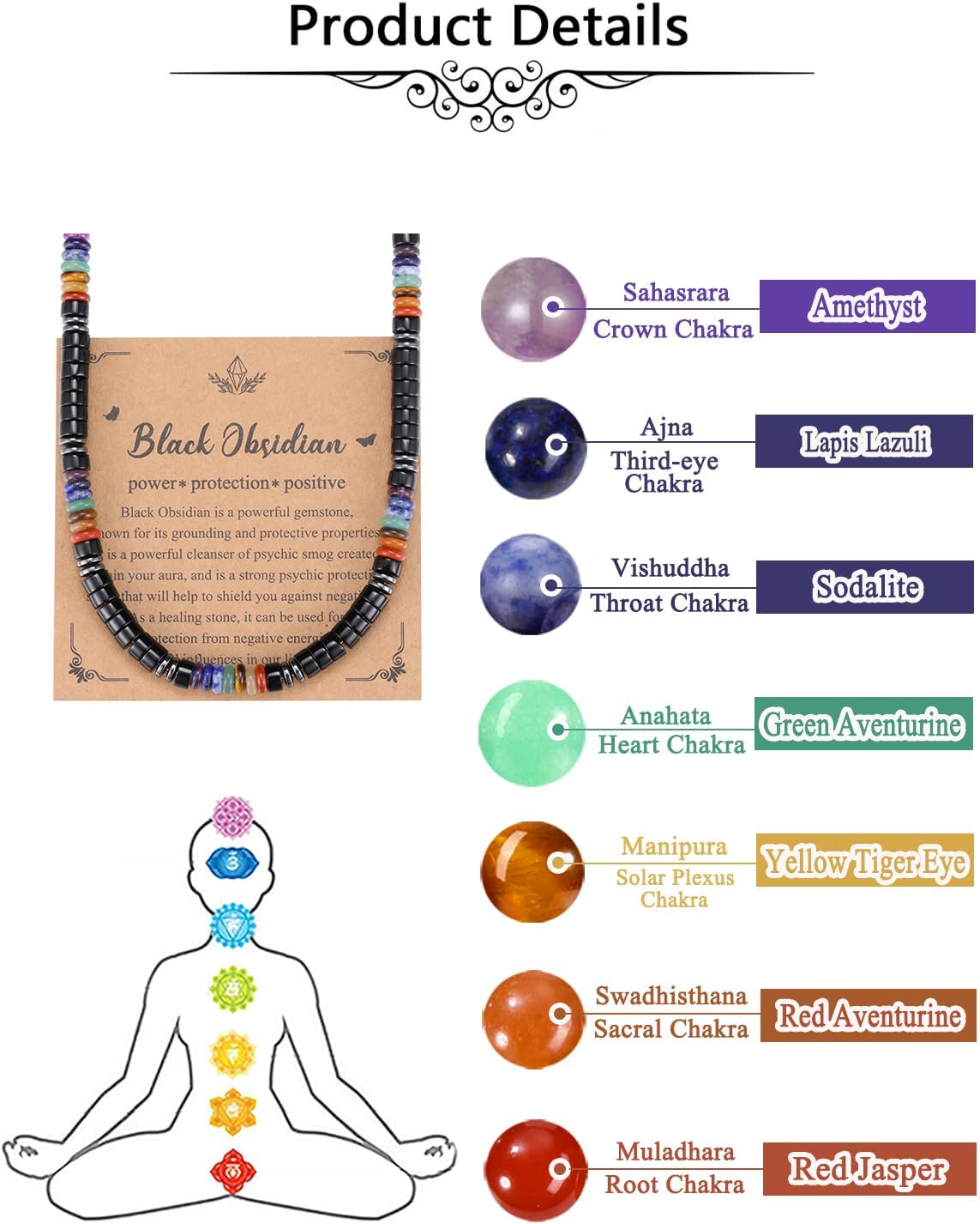 Jovivi Mens Healing Crystal Black Obsidian Tigers Eye 7 Chakra Gemstone Beaded Necklace Natural Stone Beads Necklace Triple Protection Jewelry Gifts for Men Stress Relief,Balance - Image 5