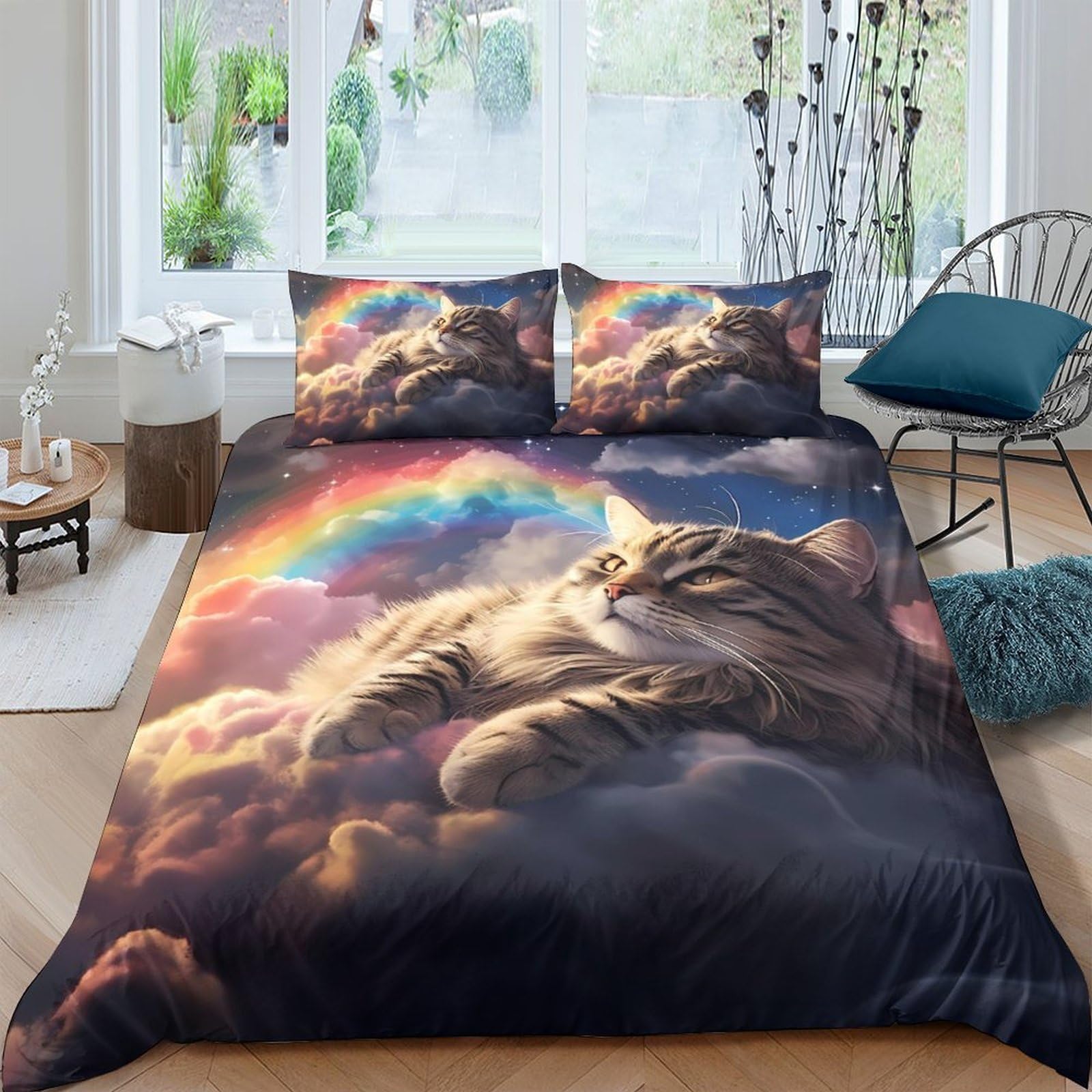 Ctjqhvkz Style-5 3D Printed Cat Rainbow Fitted Sheet Microfiber Soft Clouds Bed Cover For Bedroom Guest Room Mattress Protection Decor Single（135X200cm）