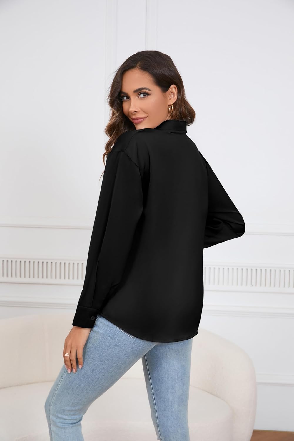 TASAMO Women's Blouse Satin Silk Shirts Button Down Shirts Casual Loose Long Sleeve Office Work Tunic Tops Black - Image 2