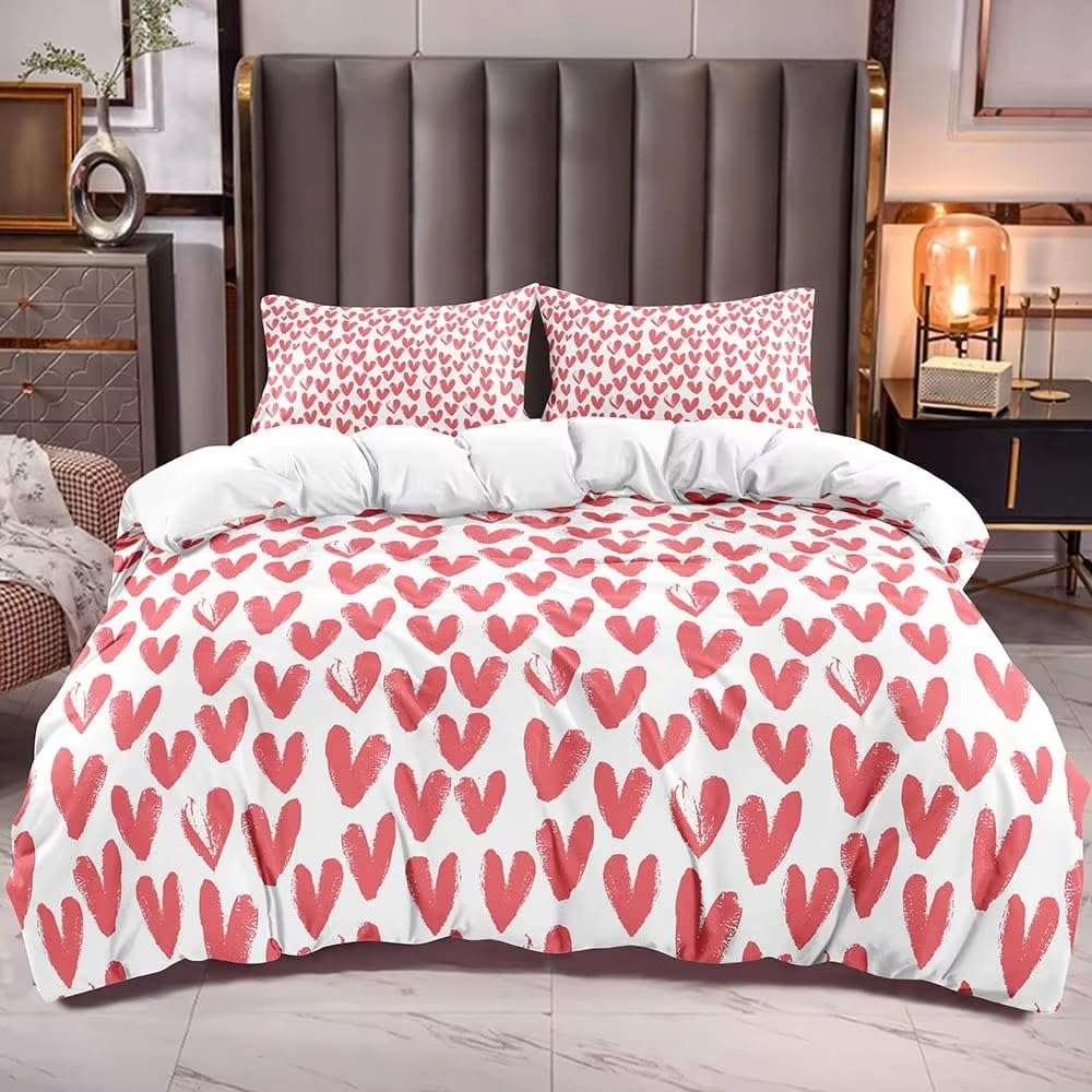 Housse de couette rose motif cœur parure de lit 240x220 microfibres douce décoration chambre fille