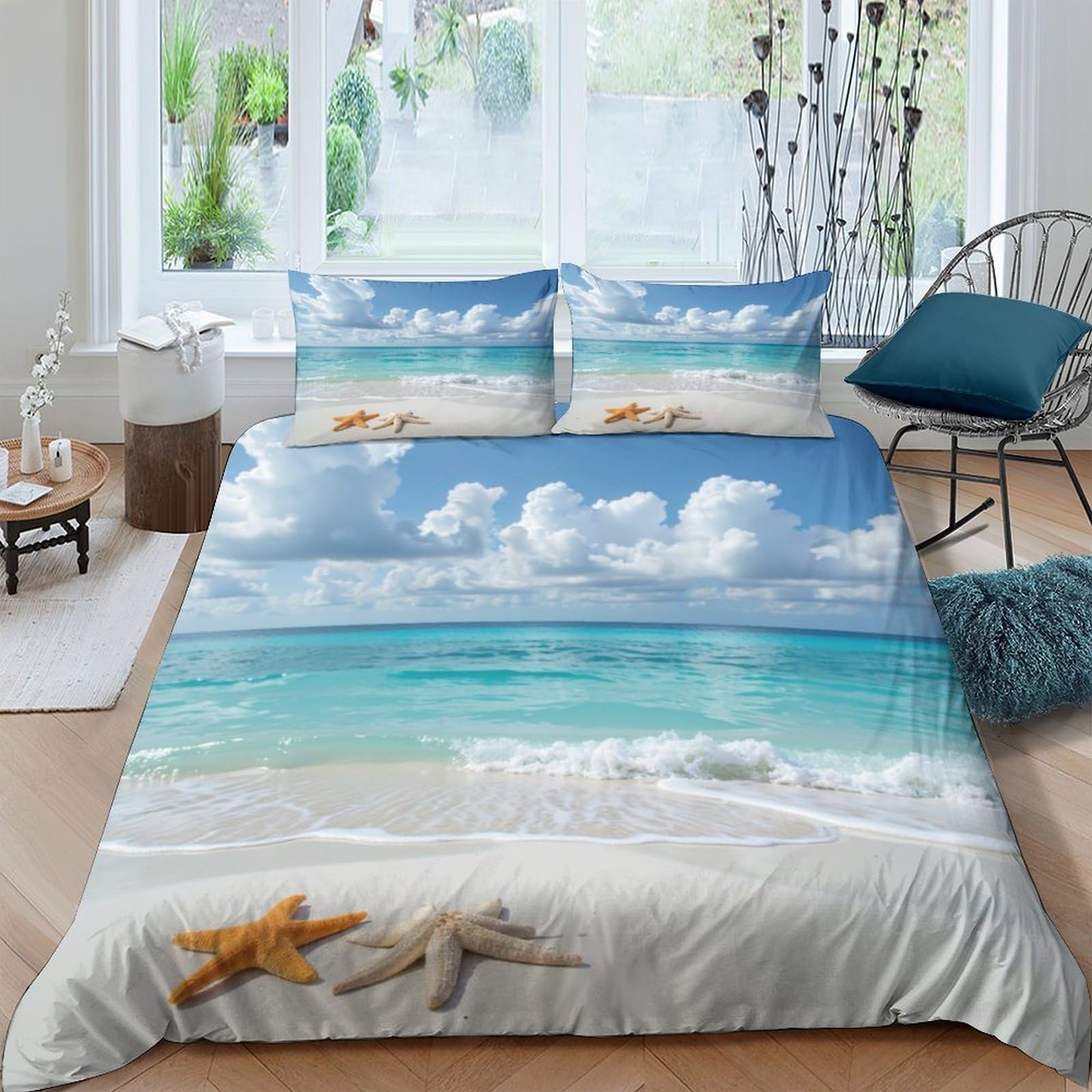 Ctjqhvkz Style-7 3D Printed Seaside Beach Fitted Sheet Microfiber Soft Ocean Starfish Mattress Cover For Bedroom Guest Room Decor Single（135X200cm）