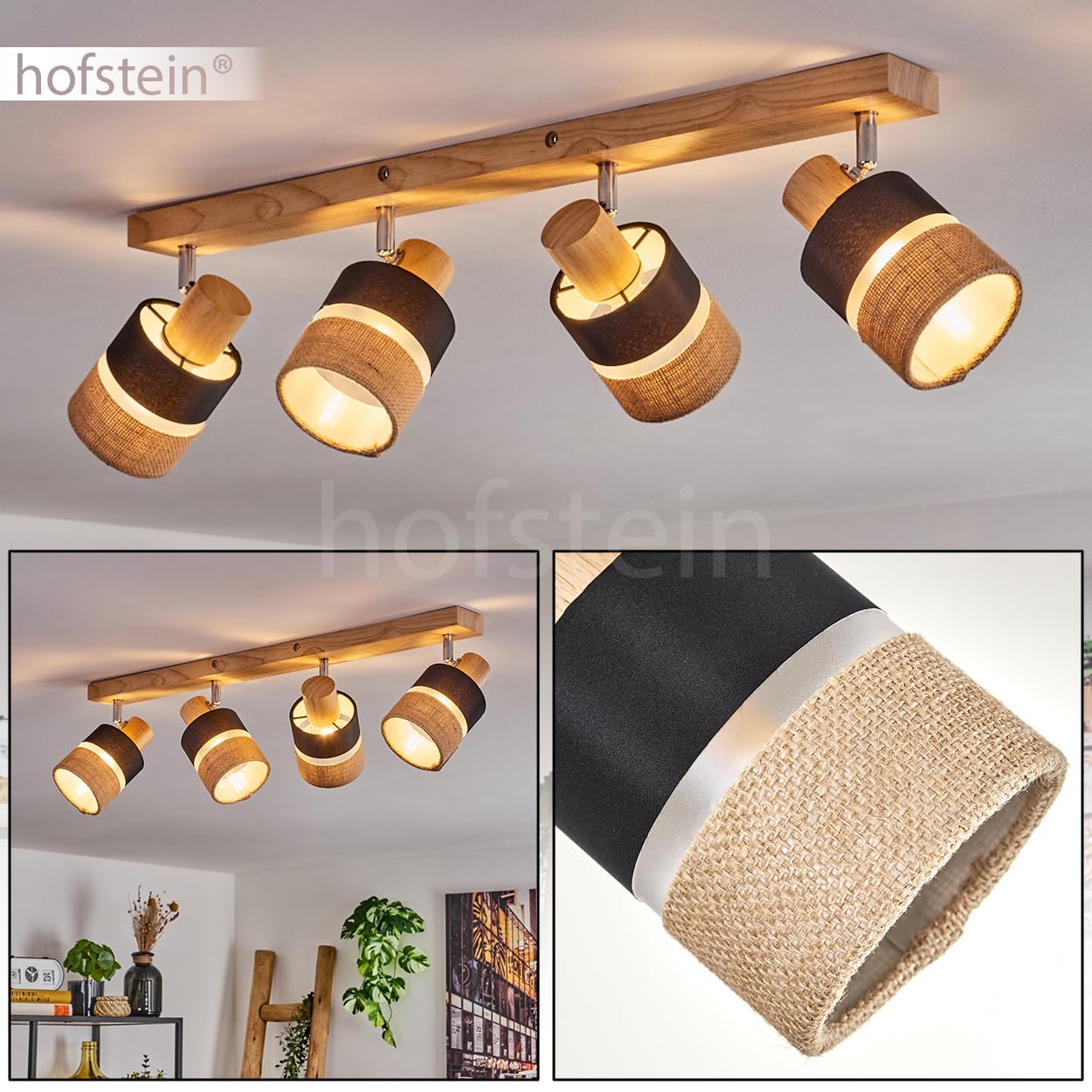 Plafonnier Fallhagen, plafonnier moderne en bois/métal/lin dans les coloris naturel/chrome/noir, luminaire à 4 ampoules au design scandinave avec spots réglables, 4 x E14, sans ampoules