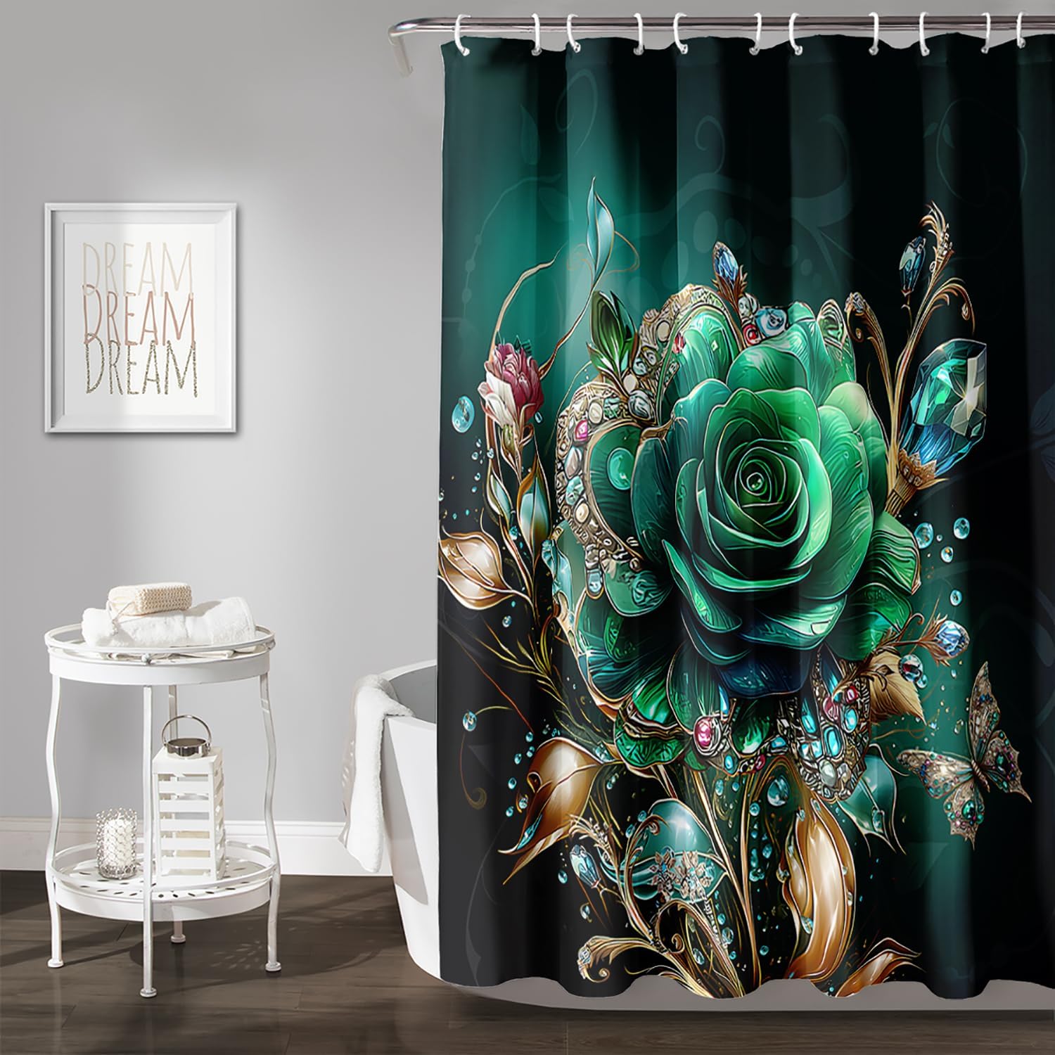 AILONEN Green Rose Shower Curtain Set,Beautiful Flower Bath Curtains for Girls Teens Women,Green Theme Waterproof Shower Curtain with Hooks Bathroom Decor,60" Wx72 H