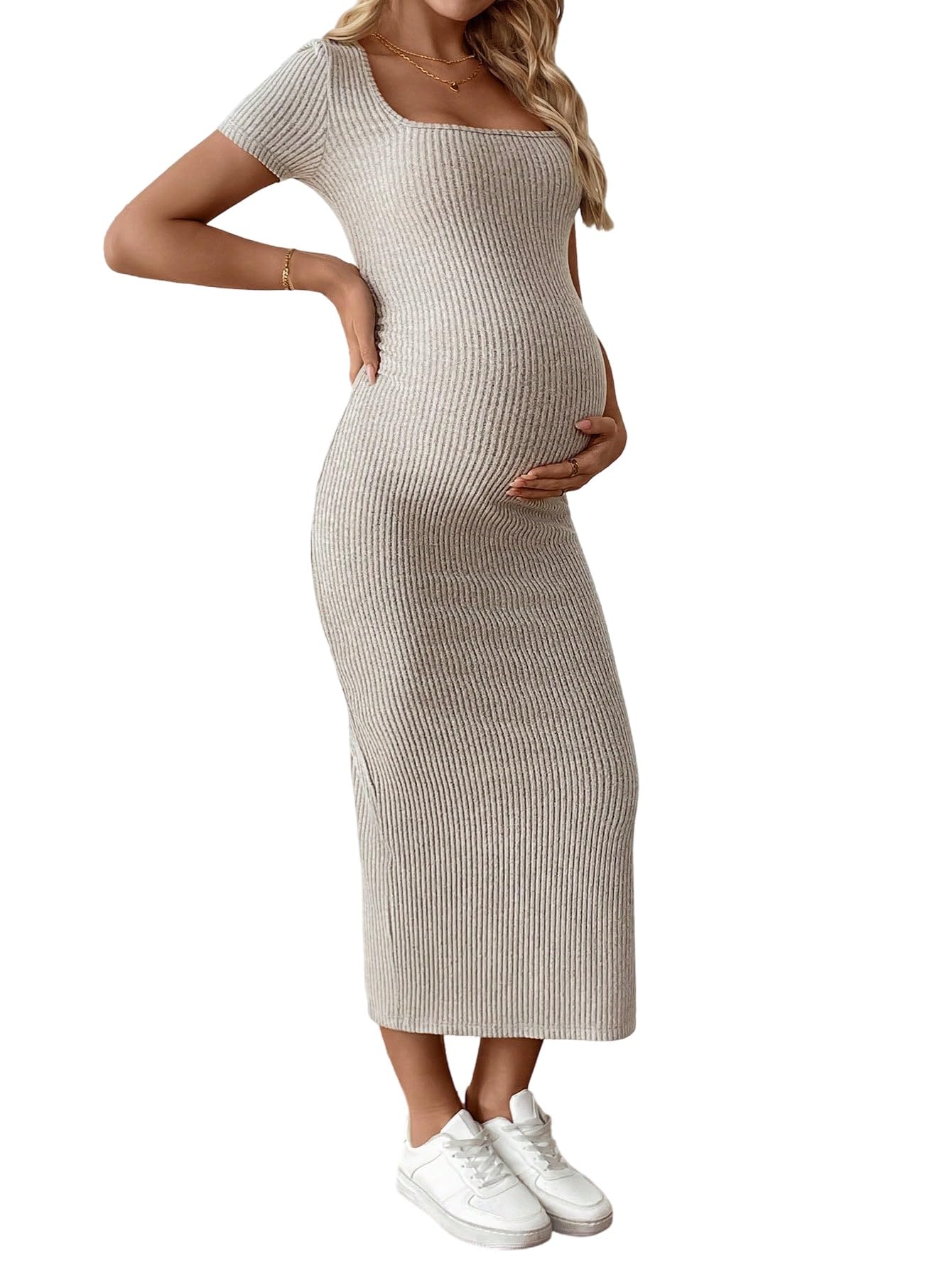 SweatyRocks Damen Umstandsmode Kleid Strickkleid Kurzarm Langes Sommerkleid für Schwangere Elegant Bleistift Umstandkleid Freizeitkleid