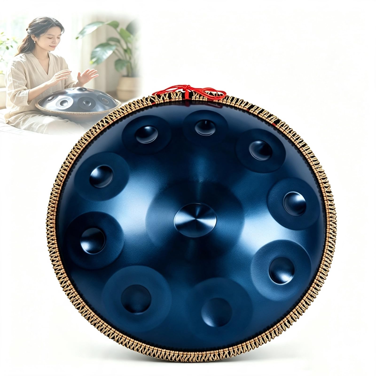 Handpan Curdo In Re Minore Da 22 Pollici, Strumento A Percussione In Acciaio A 10 Note Per La Meditazione, Set Di Handpan Con Borsa Per Il Trasporto, Sgabello Pieghevole, Bacchette, Corda, Blue