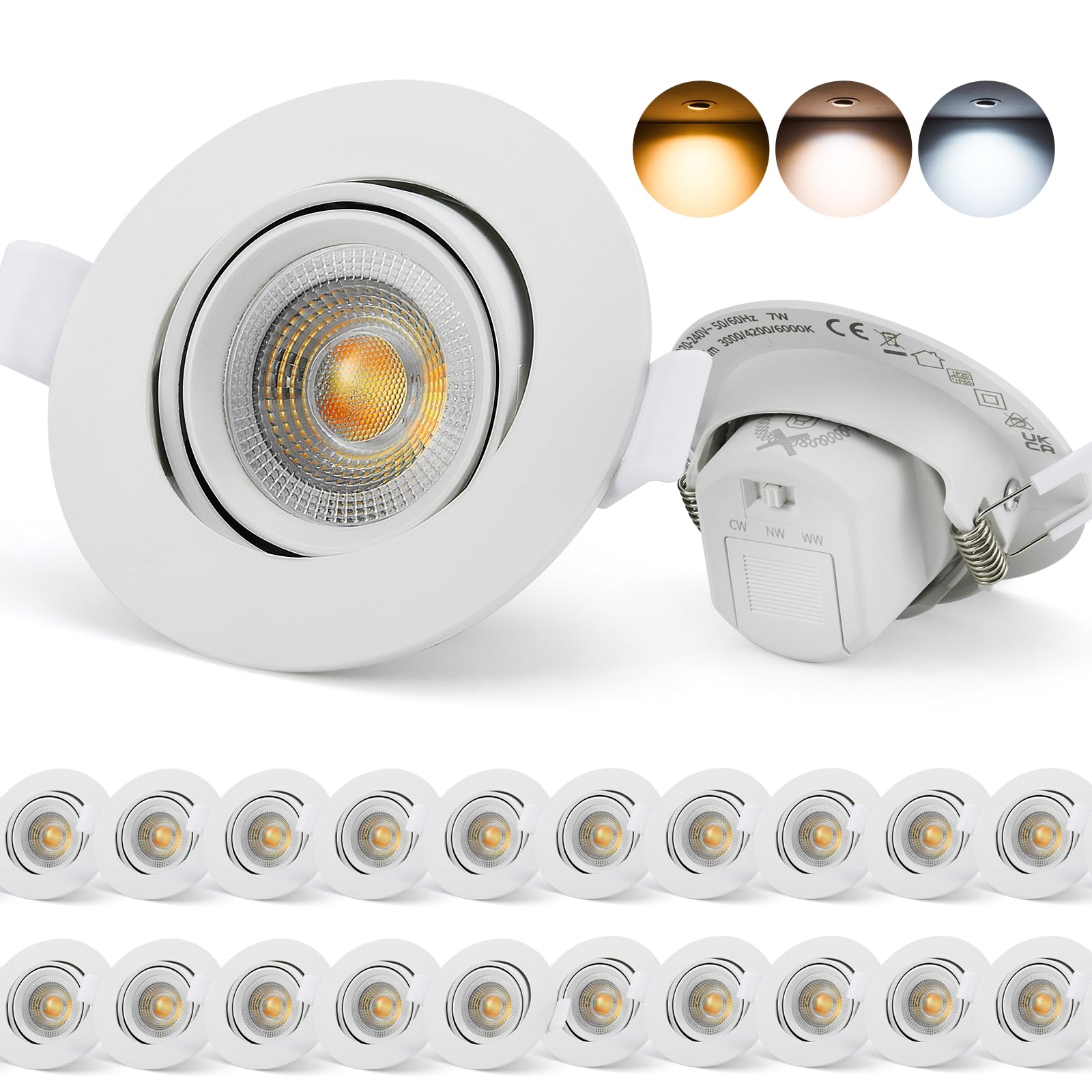 Schiele Focos LED Interior Techo IP65, Downlight LED Techo Empotrable 7W 230V, Corte 68mm - 80mm Luz Cálida Luz Neutra Luces Frío, Ojos de Buey para Cocina Baño Habitacion, 20 Pack