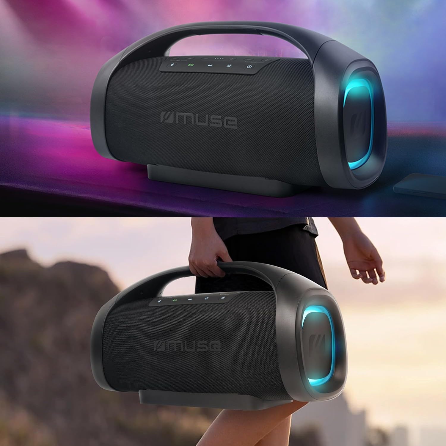 Enceinte Autonome Muse M-980 BT USB Bluetooth 300W - 2 Micros filaires DJ Karaoké - IPX6 Resistance aux Projections, Lumière LED