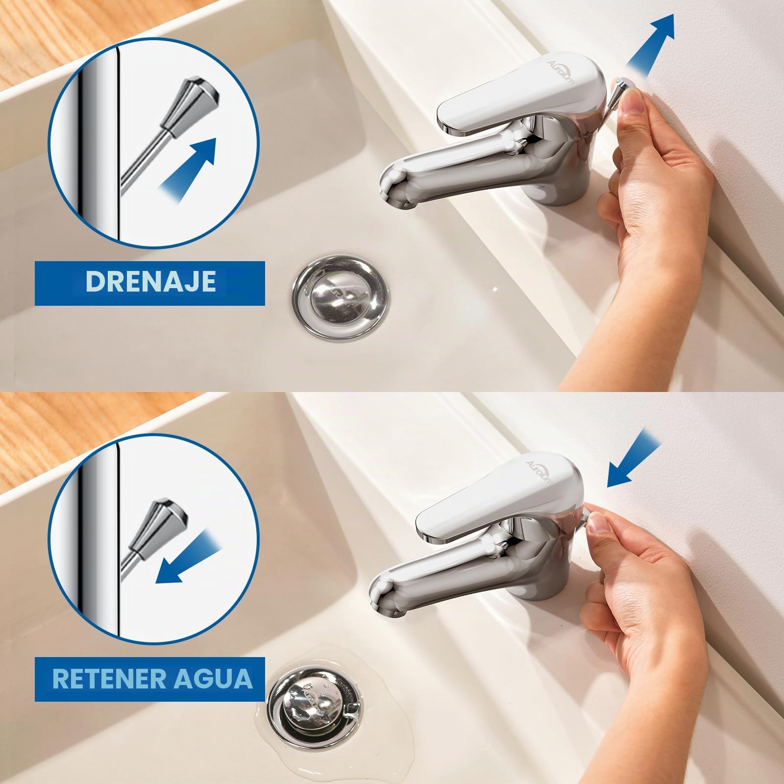 Auralum Grifo Lavabo con Vaciador Desague Automatico | Grifo Baño Mezcladora Monomando para Lavabo, con Aireador Desmontable Agua Frío y Calor Disponibles Clásico Cromado