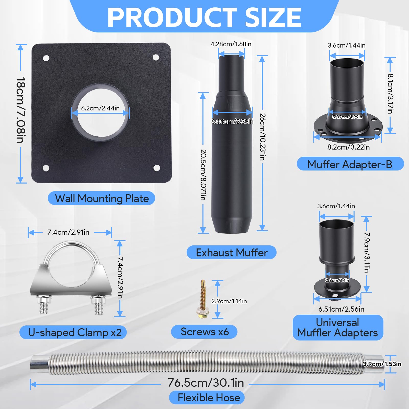 Generator Silencer Kit, Universal Generator Silencing Kit with Two Adapters, Generator Muffler Silencer Set with Wall Mounting Plate, Easy to Install, Black - 3