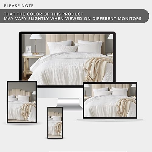 Miniatura 4 de Juego de edredón de tejido de gofre blanco, tamaño Queen, edredón suave con textura neutra, juego de ropa de cama marfil ligero transpirable para