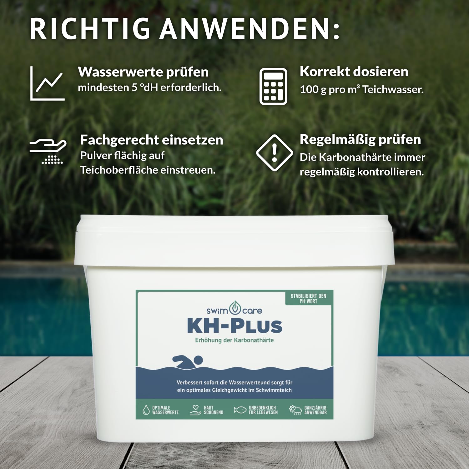 swimcare® KH-Plus - 5 kg - Erhöht die Karbonathärte in Schwimmteichen - Stabilere pH-Werte - Fördert das biologische Gleichgewicht im Teich und Naturpool