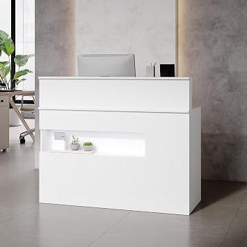 Reception Desk with LED Lights & Display Shelf, White Reception Counter with Lockable Drawers for Company Halls, Hotel Receptions, Clothing Stores, Beauty Salon, 50D x 120W x 100H cm