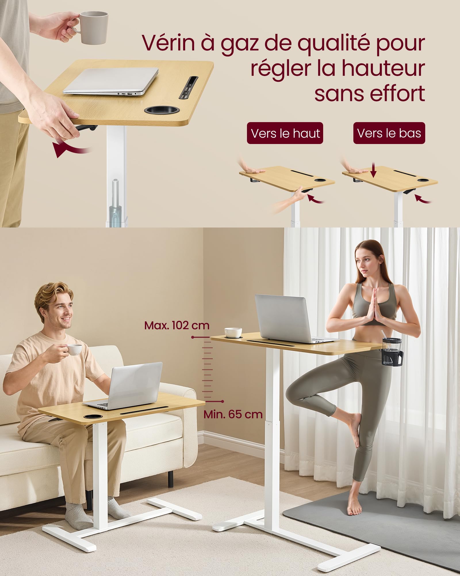 VASAGLE Bureau Assis-Debout sur roulettes, Table Réglable en Hauteur 80x45 cm, Doré Chêne