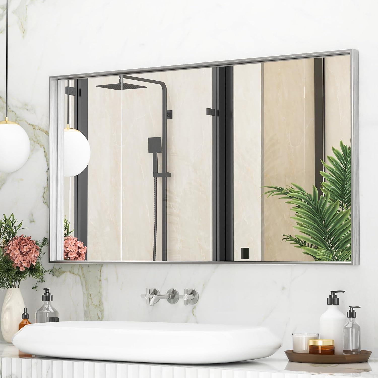 Suidia Bathroom Mirror, 30" x 60" Wall Mirror, Brushed