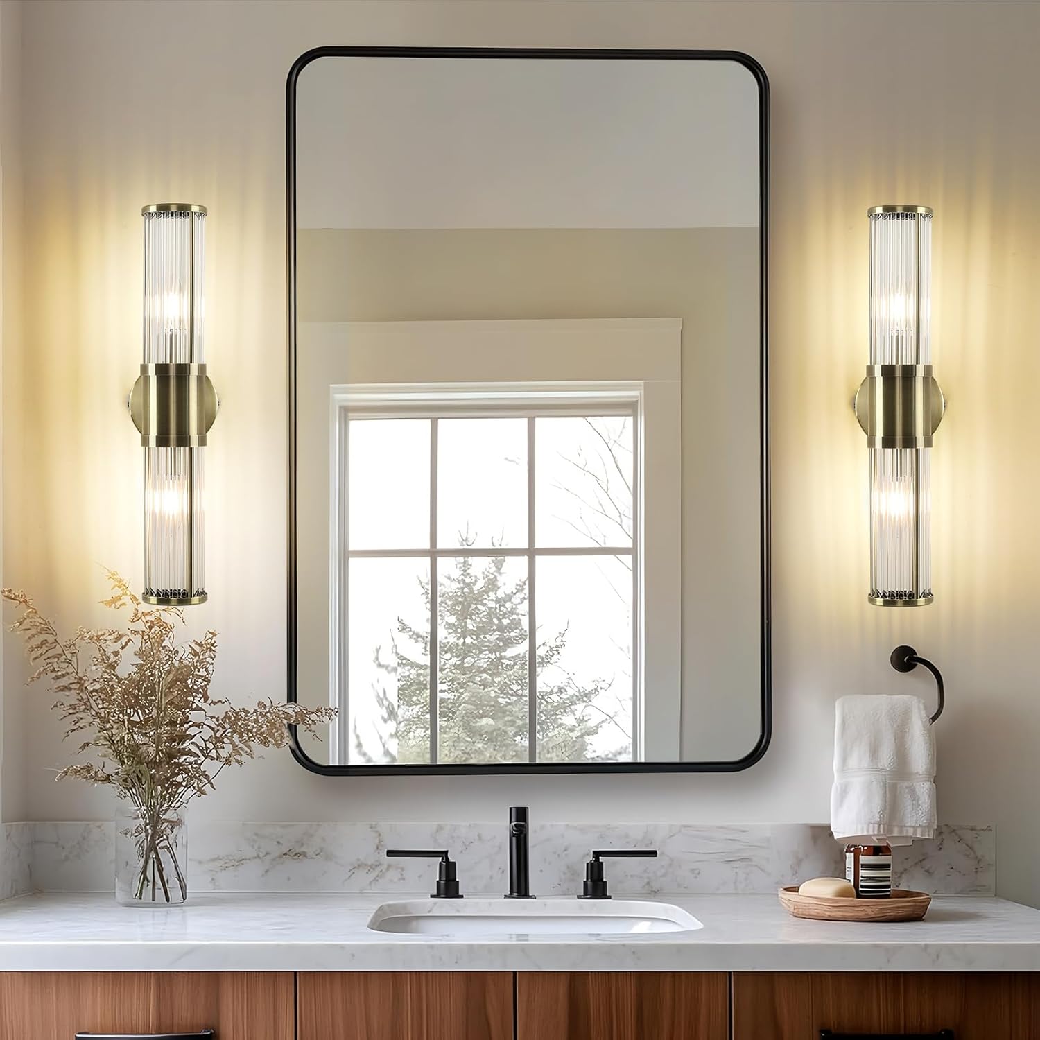 JOOSENLUX 2 Light Bathroom Vanity Light Fixture, Antique Bronze Wall Sconce Set with E12 Base and Glass Rod Design – Decorative Lighting for Bathroom Mirror, Powder Room, Hallway, Bedroom