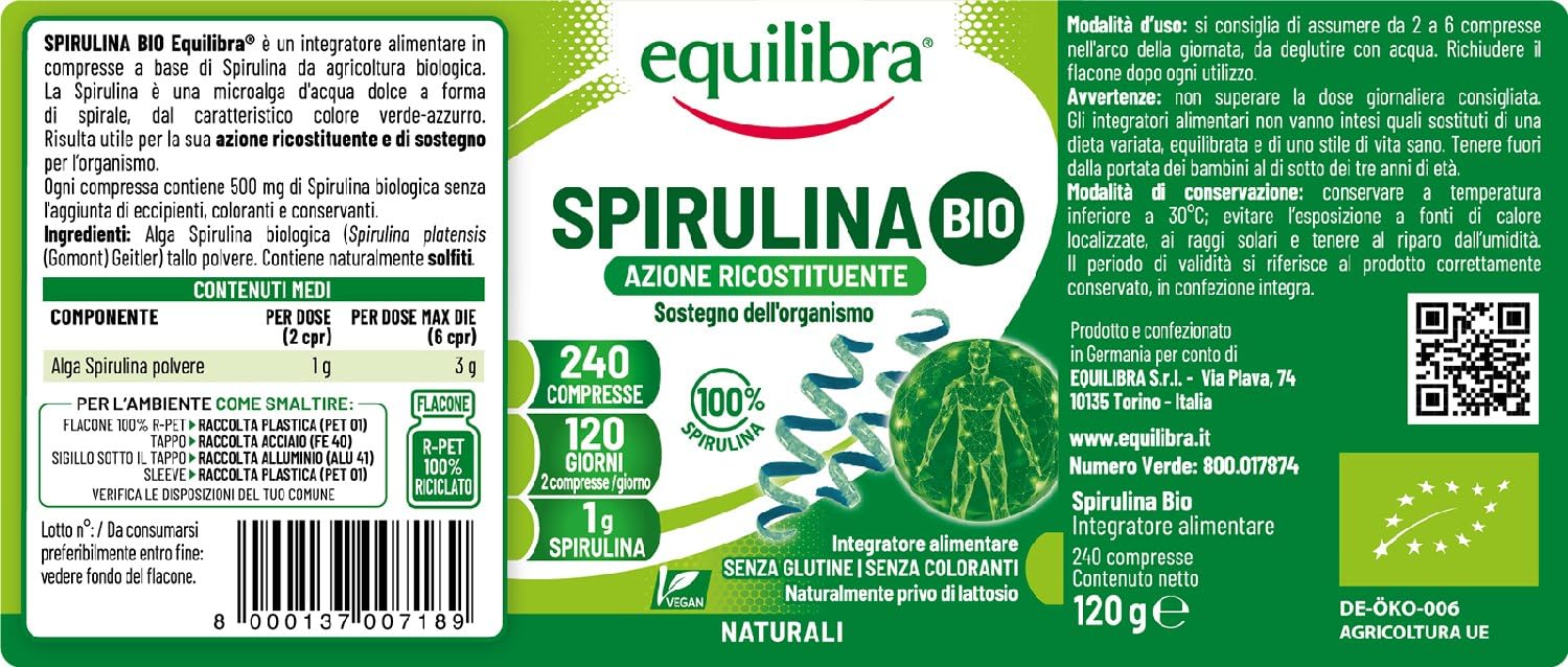 Equilibra Integratori Alimentari, Spirulina Bio, Integratore in Compresse con Spirulina da agricoltura biologica, Azione Ricostituente e di Sostegno, 1g di Spirulina Bio per Dose, Vegan, 240 Compresse