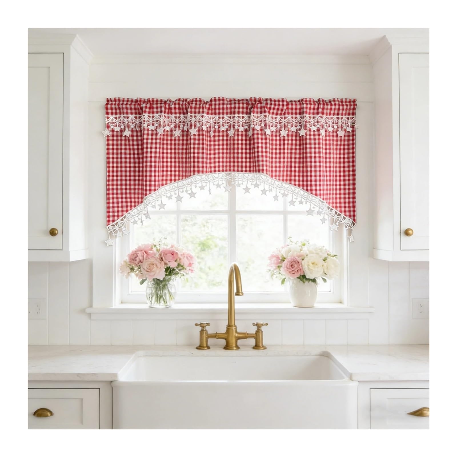 OZLCUA Short Curtains 1PC Classic Red Lattice Arched Short Curtain For Small Window Drape