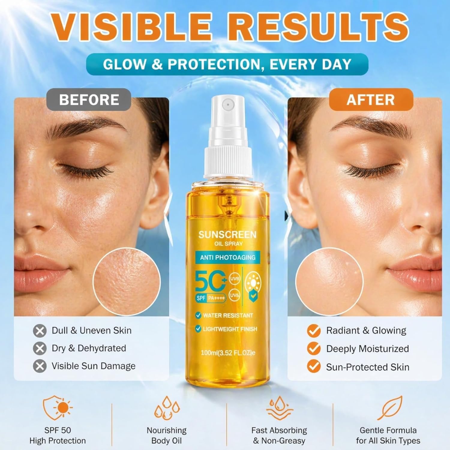 Spray solare SPF 50 — Nebulizzazione fine (3Pezzo) | Formato tascabile. Ideale per spiaggia, attività all'aperto e nuoto. Riapplicare ogni 2