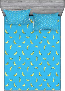 Ambesonne Banana Fitted Sheet & Pillow Sham Set, Fruits Falling from Sky Theme Healthy Vegetarian Food Simplistic Exotic Design, Decorative Printed 3 Piece Bedding Decor Set, Queen, Yellow Blue