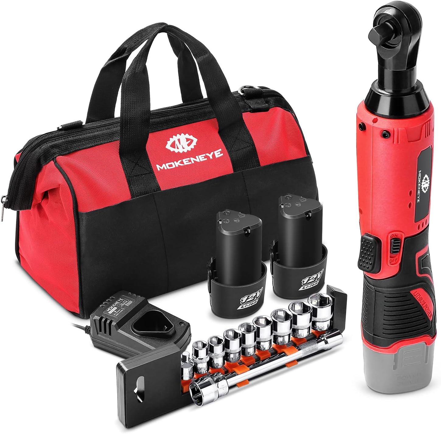 Cordless Electric Ratchet Wrench, 3/8" 40 Ft-lbs 12V Power Ratchet Wrench Tool Kit with 2-Pack 2.0Ah Lithium-Ion Batteries, Fast Charger and 11 Impact Ready Sockets by MOKENEYE