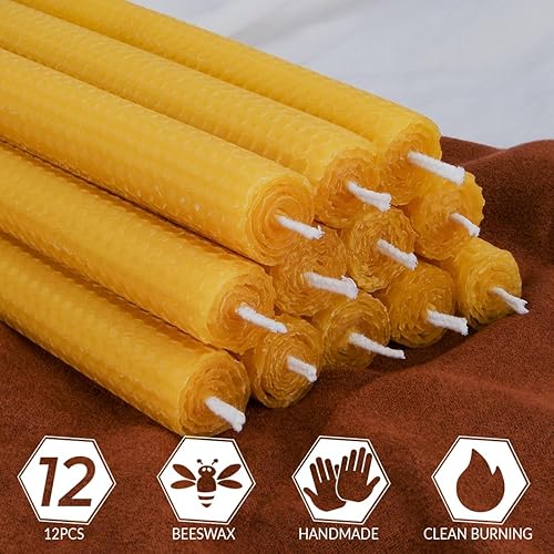 Miniatura 7 de 12 velas cónicas de cera de abeja enrolladas a mano, sin humo, sin goteo, aroma natural, 8 pulgadas en amarillo natural