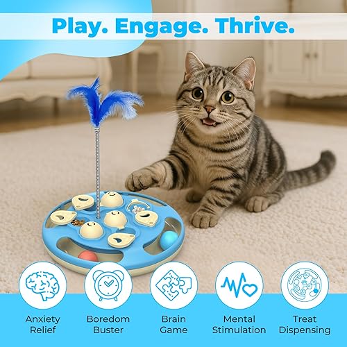 Miniatura 2 de Juegos de rompecabezas para gatos nivel 3 en 1 con bolas de pista, teaser de plumas y alimentador de golosinas  Base antideslizante  Enriquecimiento