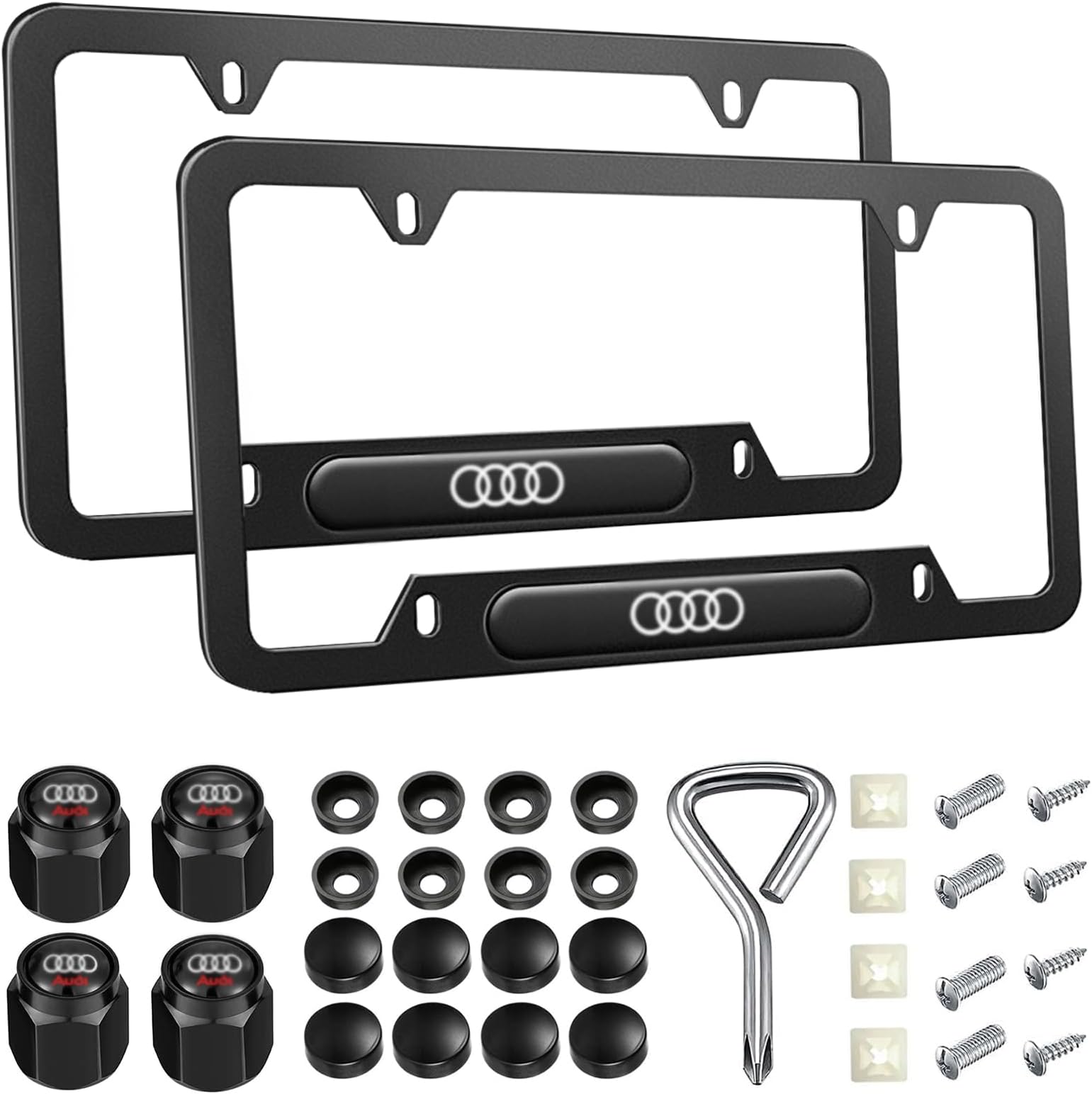 2 Pack License Plate Frames Compatible for Audi,Car License Plate Bracket Holder, Black Aluminium Alloy Weather Proof with Screw Caps Cover Set.