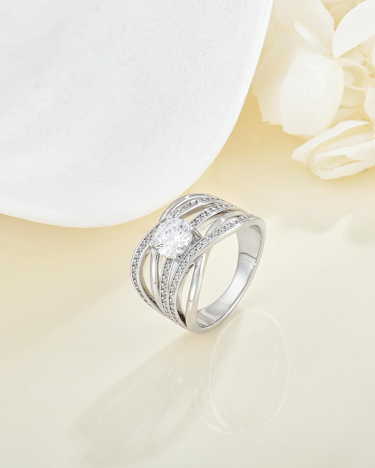 Criss Cross Engagement Ring for Women Rhodium plated 5A Cubic Zirconia Eternity Statement Wedding Band Infinity Promise Anniversary Jewelry Size 6-9
