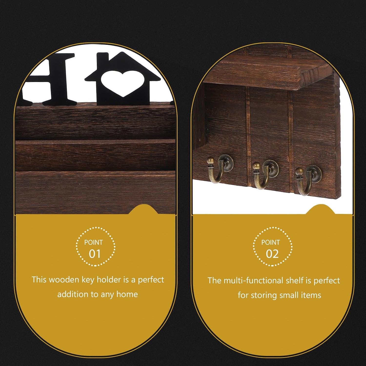 Wall Mounted Key Holder and Mail Organizer with Shelf, Coffee Wood and Iron Construction, Classic Vintage Style, Multifunctional Storage Rack for Entryway and Home Decor