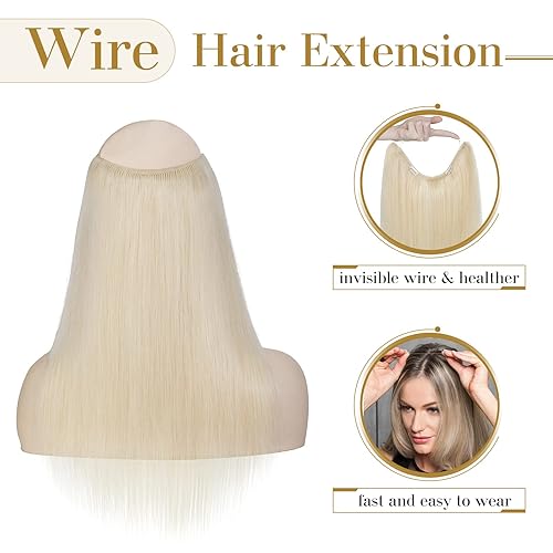Miniatura 2 de MY-LADY Extensiones de cabello humano real con alambre invisible, de 18 pulgadas, color rubio platino con alambre transparente, ajustables, 2 clips