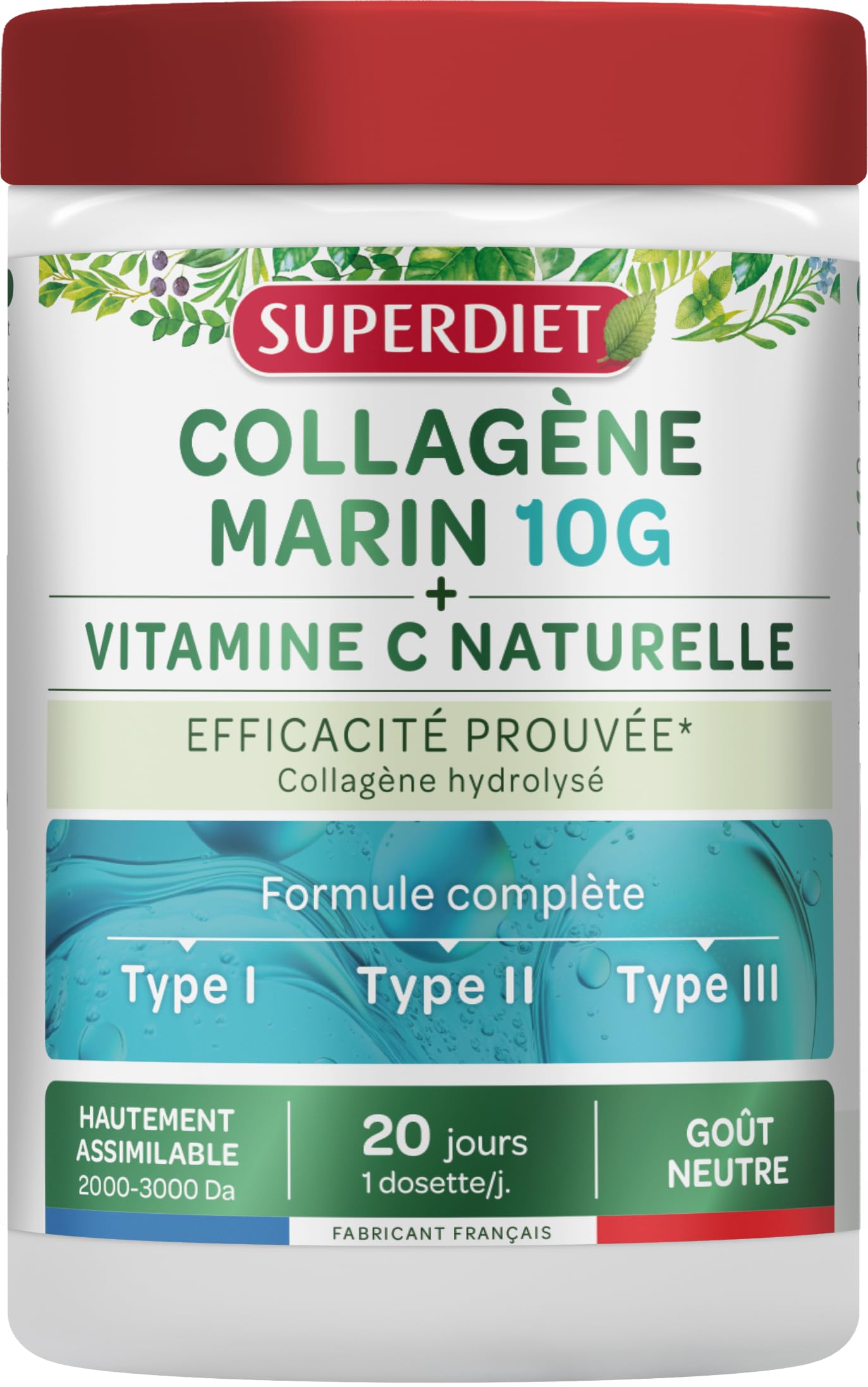 Collagène marin, Vitamine C - Peptides hydrolysés 2000-3000 Da-Poudre | Cure 20 jours - 210g - Association Type 1, 2, 3 - Peau, articulations - Naticol®, Cartidyss®- Fabrication française-Superdiet