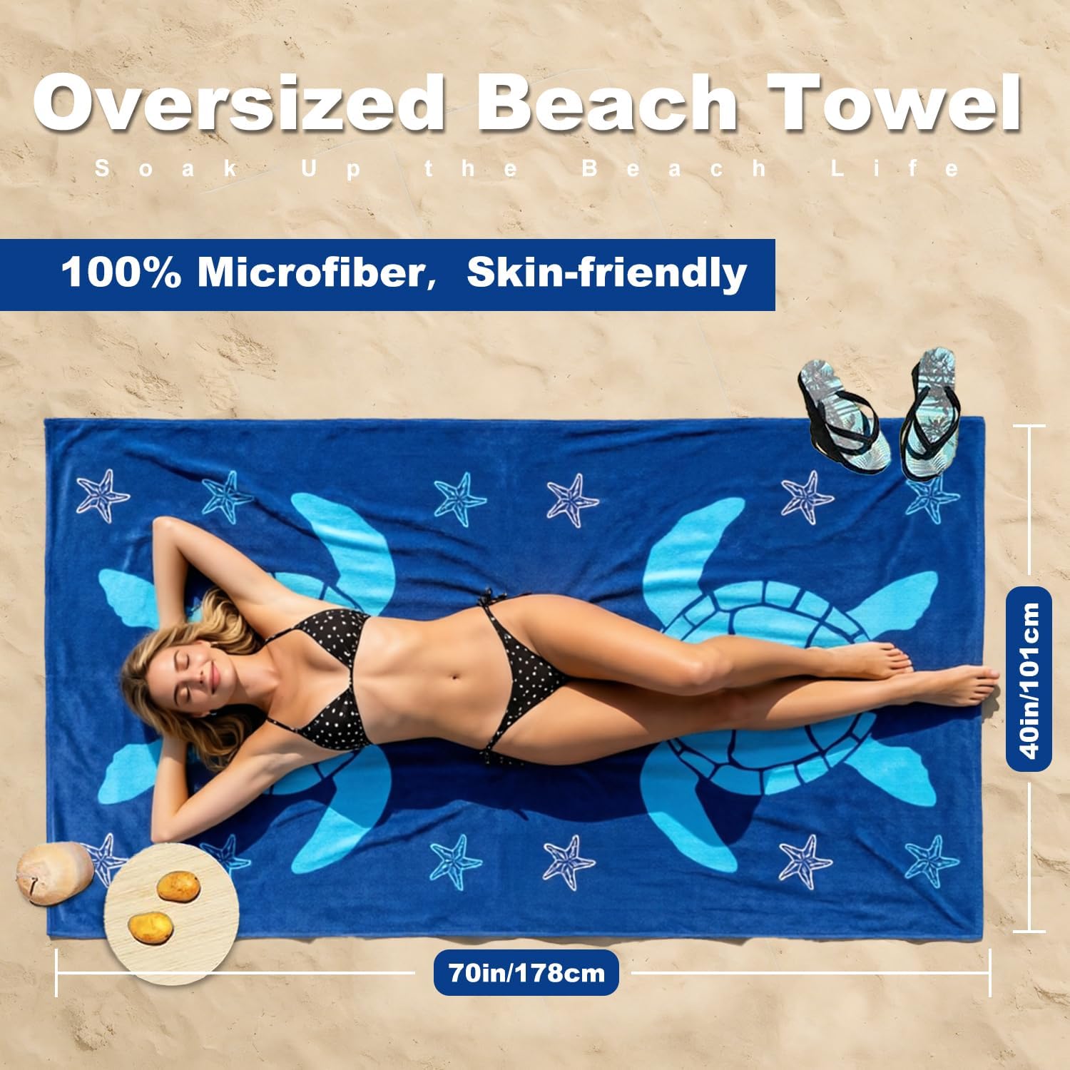 Jessy Home Microfiber 4 Pack Beach Towel Set, 40x70in Oversized Beach Towel, Quick-Dry Sand-Free Highly Absorbent Swim Towel, Soft Pool Towel, Marine Mixed Prints of Starfish & Sea Turtle for Vacation