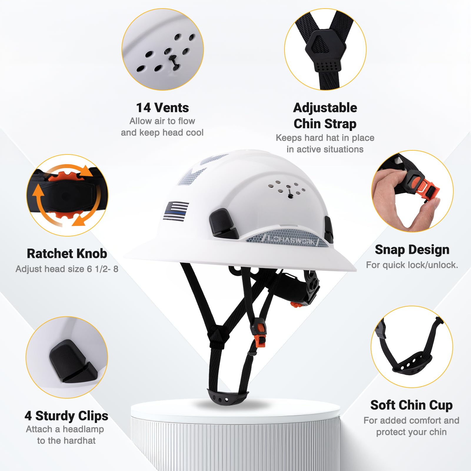 Casco duro de ala completa, aprobado por la OSHA, casco duro ventilado Cascos de construcción, ajustable, ventilación fresca, casco de seguridad para hombres y mujeres