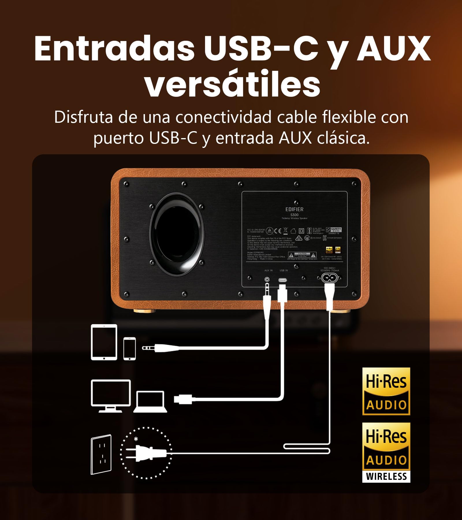 Edifier S300 Altavoces de Escritorio Retro, Audio Hi-Res Cableado e Inalámbrico, 80W (RMS) de Potencia, Bluetooth 5.4 Multipunto, WiFi Multihabitación (AirPlay 2), Entrada AUX y USB-C,marrón