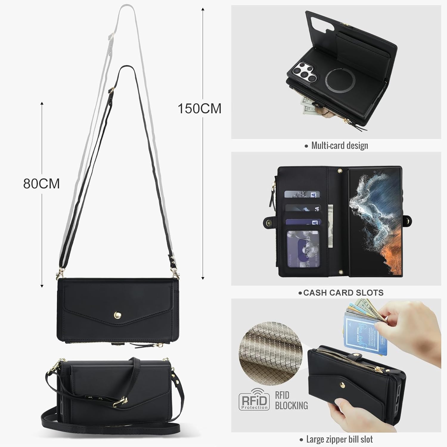 Phone Case for Samsung Galaxy S22 Ultra 5G Wallet Cover Compatible with Magsafe RFID Screen Protector Crossbody Lanyard Strap Flip Card Holder Slot Zipper S22ultra 22S S 22 S22ultra5g 6.8 Black