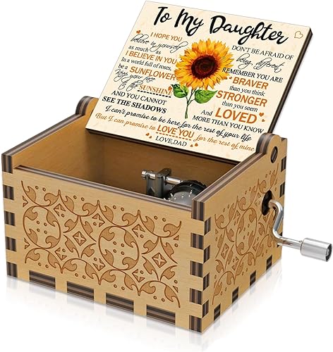 BOOB Caja de música de madera con manivela grabada You are My Sunshine, regalo para hija de papá, mini caja de música de color girasol para Navidad,