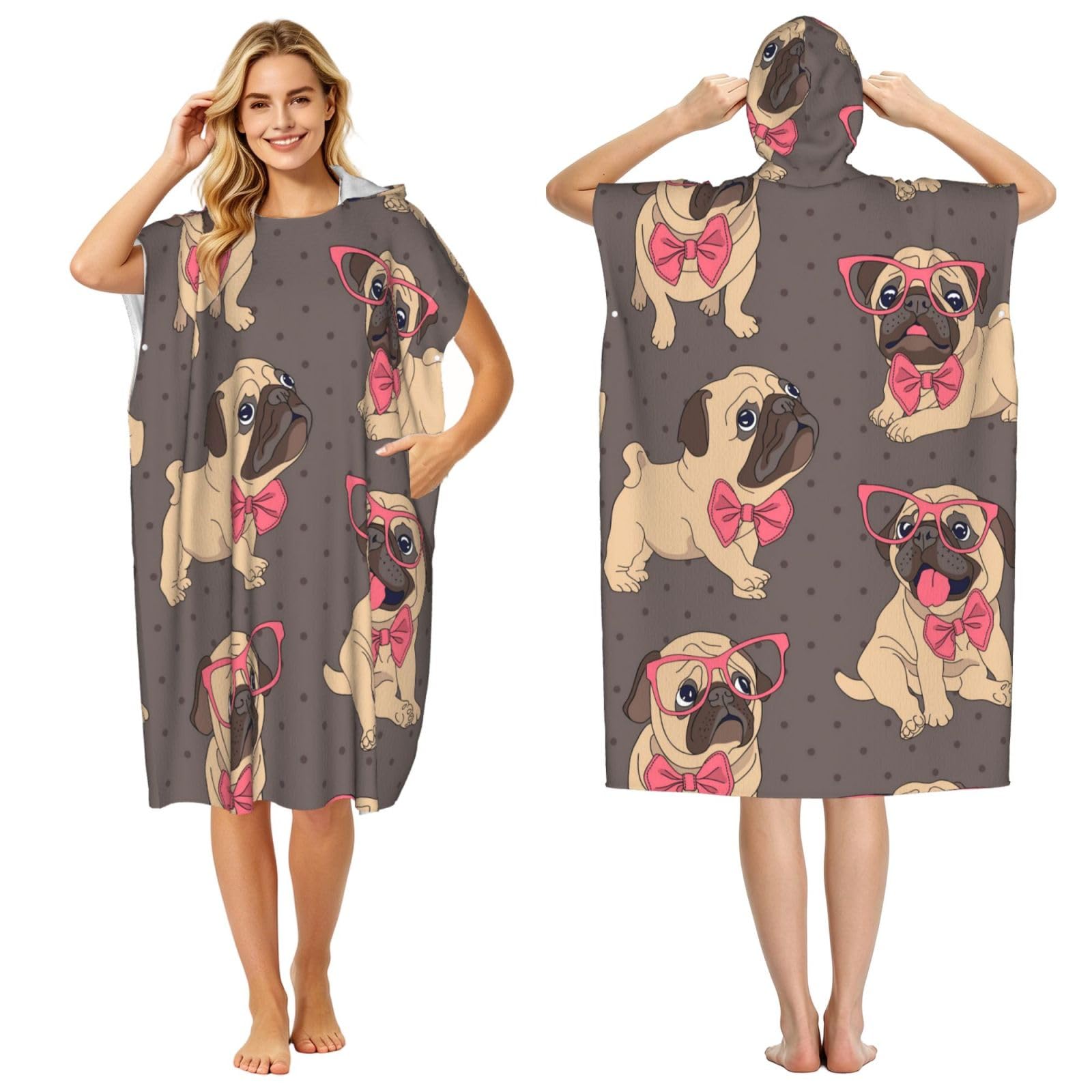 Poadnly Cartoon Pug Puppy In A Glasses And In A Bow Tie, Adult Hooded Beach Towel 90 x 110 cm,Changing Bath Robe, Surf Poncho Towel For Women Men