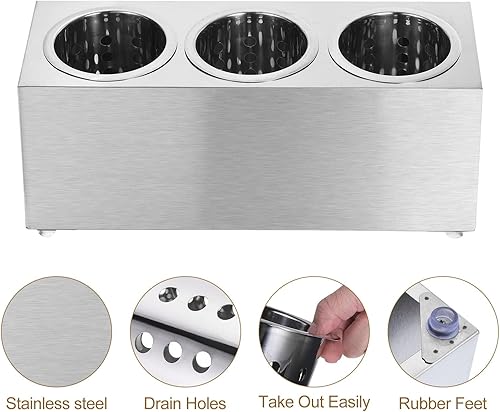 Miniatura 4 de uxcell Soporte para utensilios de cocina, cilindro de acero inoxidable con 3 compartimentos, organizador de cubiertos para bufés (3 agujeros)