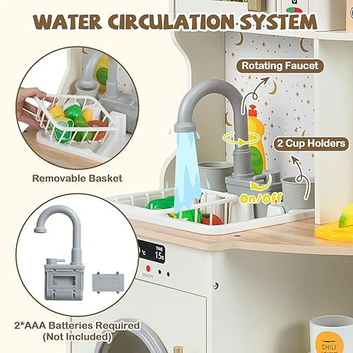 Miniatura 4 de Costzon Cocina de juego de esquina, juego de cocina de juguete de madera con sonido real y luz, grifo giratorio, microondas, horno, campana