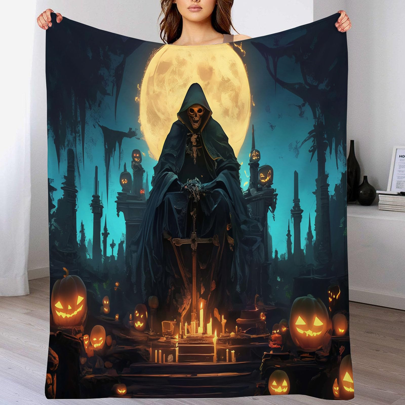 Couvertures toutes saisons Halloween en flanelle bleue pour lit et canapé cocooning