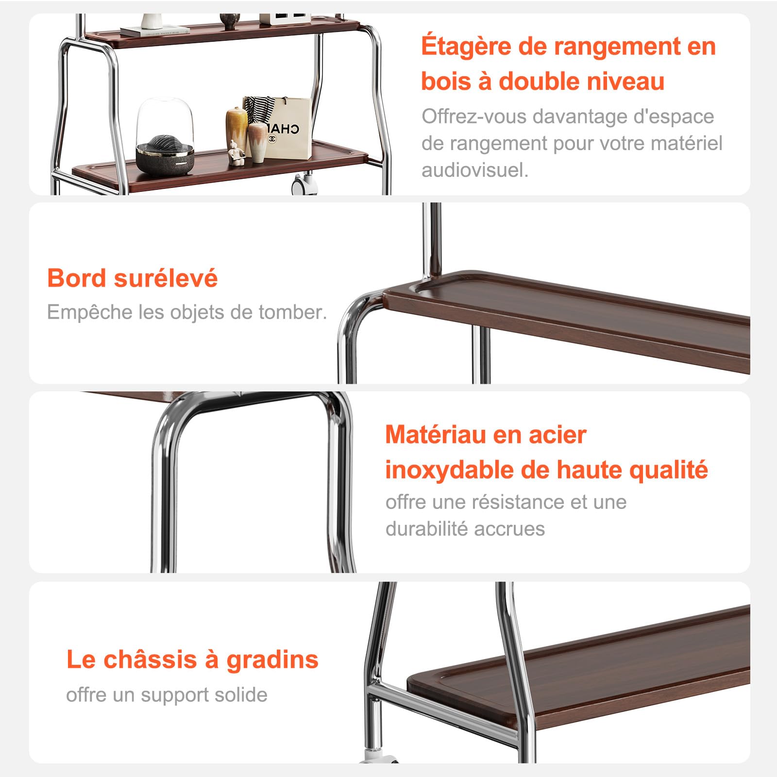 Chevalet de télévision mobile à roulettes pour écrans plats LCD LED OLED de 32 à 75 pouces, en acier inoxydable avec roulettes, 50 kg, VESA 600 x 400 mm (étagère de rangement en bois double couche
