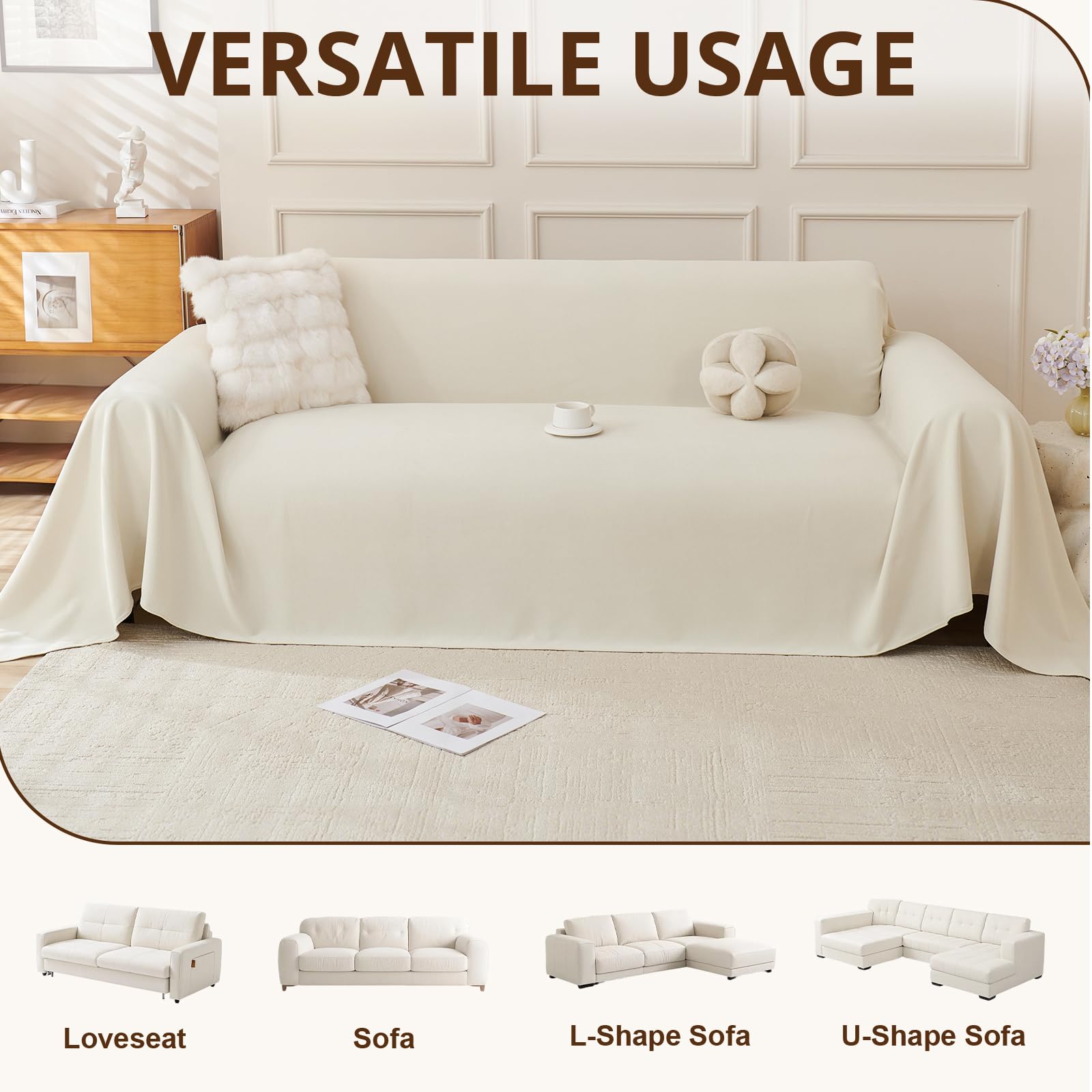 Royhom Telo Copridivano 4 Posti Impermeabile, Copridivano Antigraffio Gatto, Telo Impermeabile Divano, Ideale per Cani, Gatti e Bambini, Morbida e Comoda(Beige, 180x380 cm)