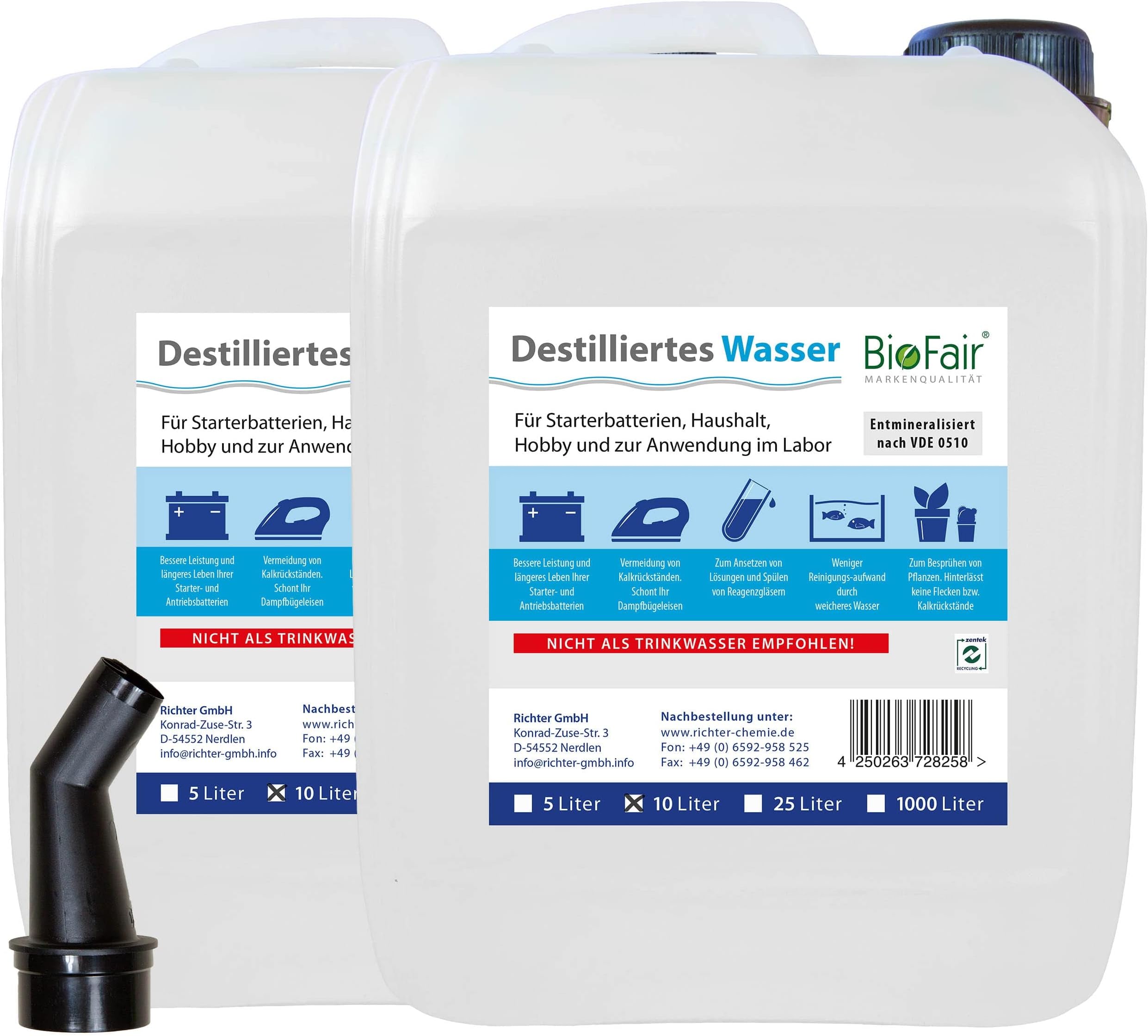 De-Ionized Water BioFair® (20l) Acc. to VDE 0510-2 x 10 litres (Distilled Water)