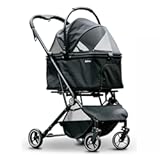 4 Wheels Pet Stroller, Dog Stroller for Small/Medium Dogs and Cats up to 33 lbs, One-Click Fold & Draggable, Removable Carrier, Zipperless Entry, Mesh Windows, Black