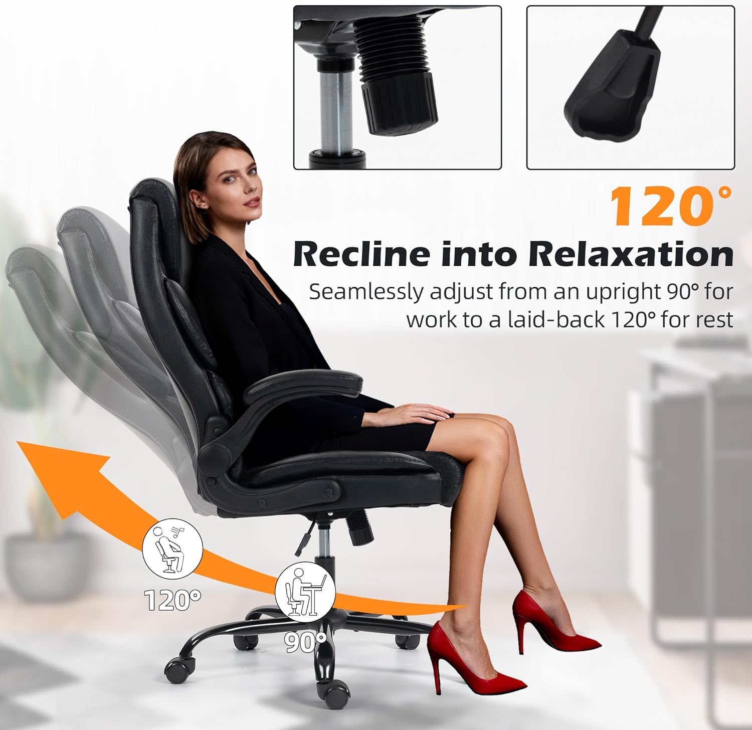 Office Chair - Ergonomic High Back Computer Desk Chair with Rocking Function & Lumbar Support - Executive Comfortable Wide Swivel Rolling Office Leather Chair with Flip-up Armrests for Home Gaming - Image 5