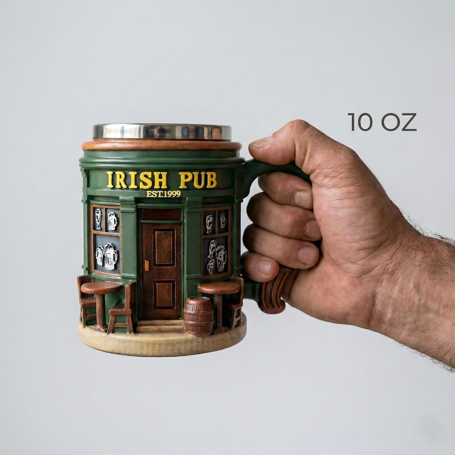 3D Irish Pub Beer Mug, 10oz Stainless Steel Lined Resin Tankard, Novelty Retro Coffee Cup, St. Patrick's Day Home Bar & Tavern Decor
